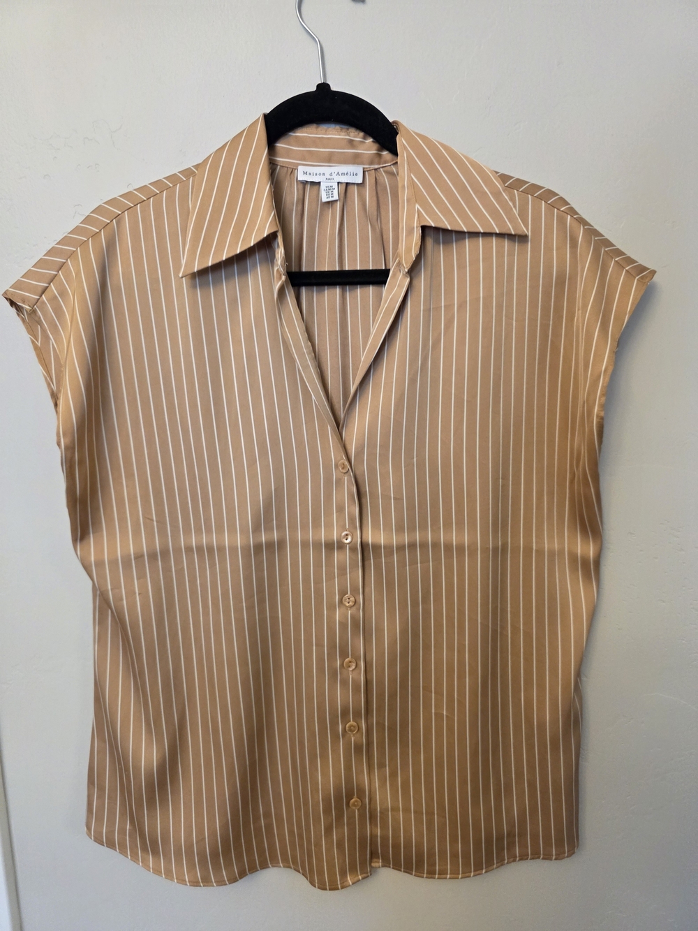 Maison Jules Tan and White Striped Cap-Sleeve Button Blouse